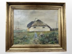 Danish school : Children by a thatched barn,