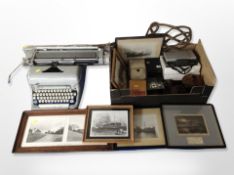 A box of vintage cameras, Art Deco amber glass items,