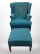 20th century Scandinavian wing back armchair and matching footstool in turquoise fabric