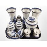 A collection of Royal Doulton Booths Real Old Willow, three trumpet vases, hexagonal jar,