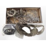 A group of silver plated jewellery, wire metal belt,