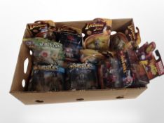 A box of Hasbro and other figures including Iron Man, Indiana Jones,