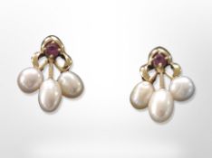 A pair of 19ct gold pearl and amethyst earrings