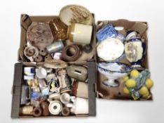 Three boxes of 20th century ceramics, pottery steins, stoneware storage jar,