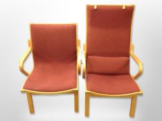 A pair of 20th century bent and laminated beech armchairs