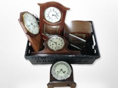 Two boxes of antique and modern mantle / wall clocks including Bakelite Enfield etc