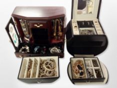 Two contemporary jewellery boxes containing assorted costume jewellery, some silver items,
