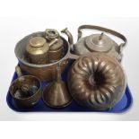 19th century kitchenalia including copper kettle and jelly mould, cooking pan,