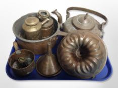 19th century kitchenalia including copper kettle and jelly mould, cooking pan,