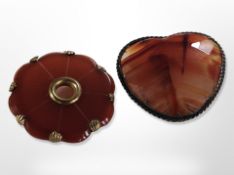 An agate heart shaped brooch and one other