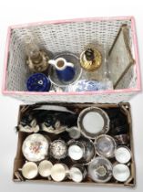A box and wicker basket containing oil lamp bases, Maling vase, blue and white lamp base,