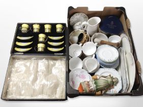 A box of Carlton Delphinium part tea china, other tea china, pestle and mortar,