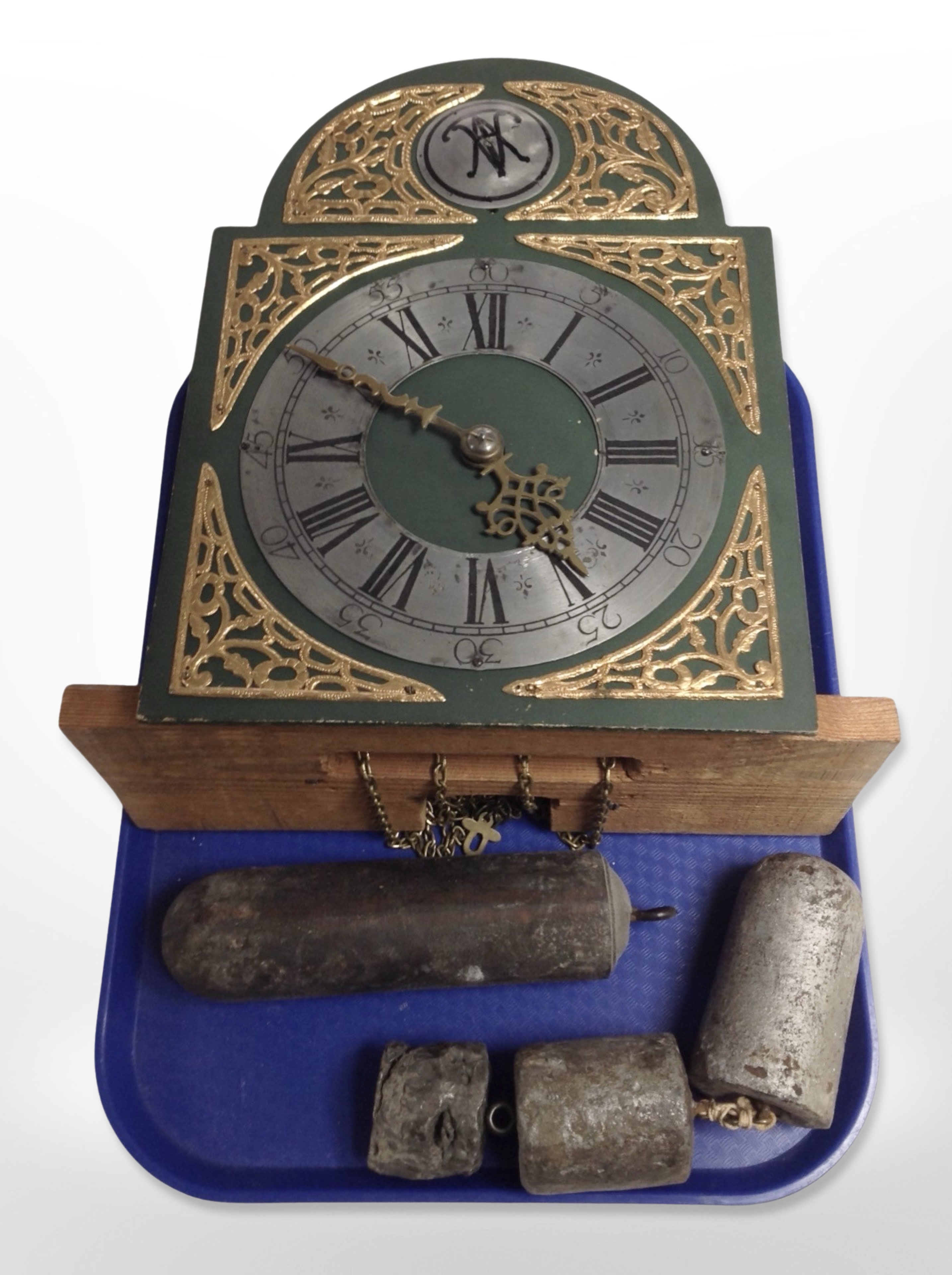 A longcase clock dial and movement with weights