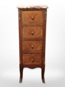 A continental kingwood marble topped slim four drawer chest,