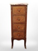 A continental kingwood marble topped slim four drawer chest,