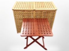 A teak lattice lidded box, width 89 cm,