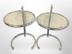 A pair of Danish chrome and glass circular occasional tables,