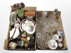 Two boxes of contemporary Seiko quartz mantle clock, ceramics, crystal glasses,