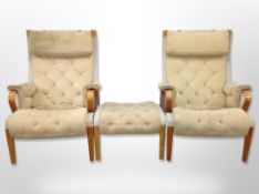 A pair of Danish bentwood and canvas armchairs with deep buttoned suede cushions,