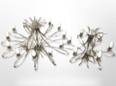 Two matching contemporary chrome chandeliers,