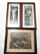 A pair of monochrome prints after Jules Delaroche in oak frames together with a further monochrome