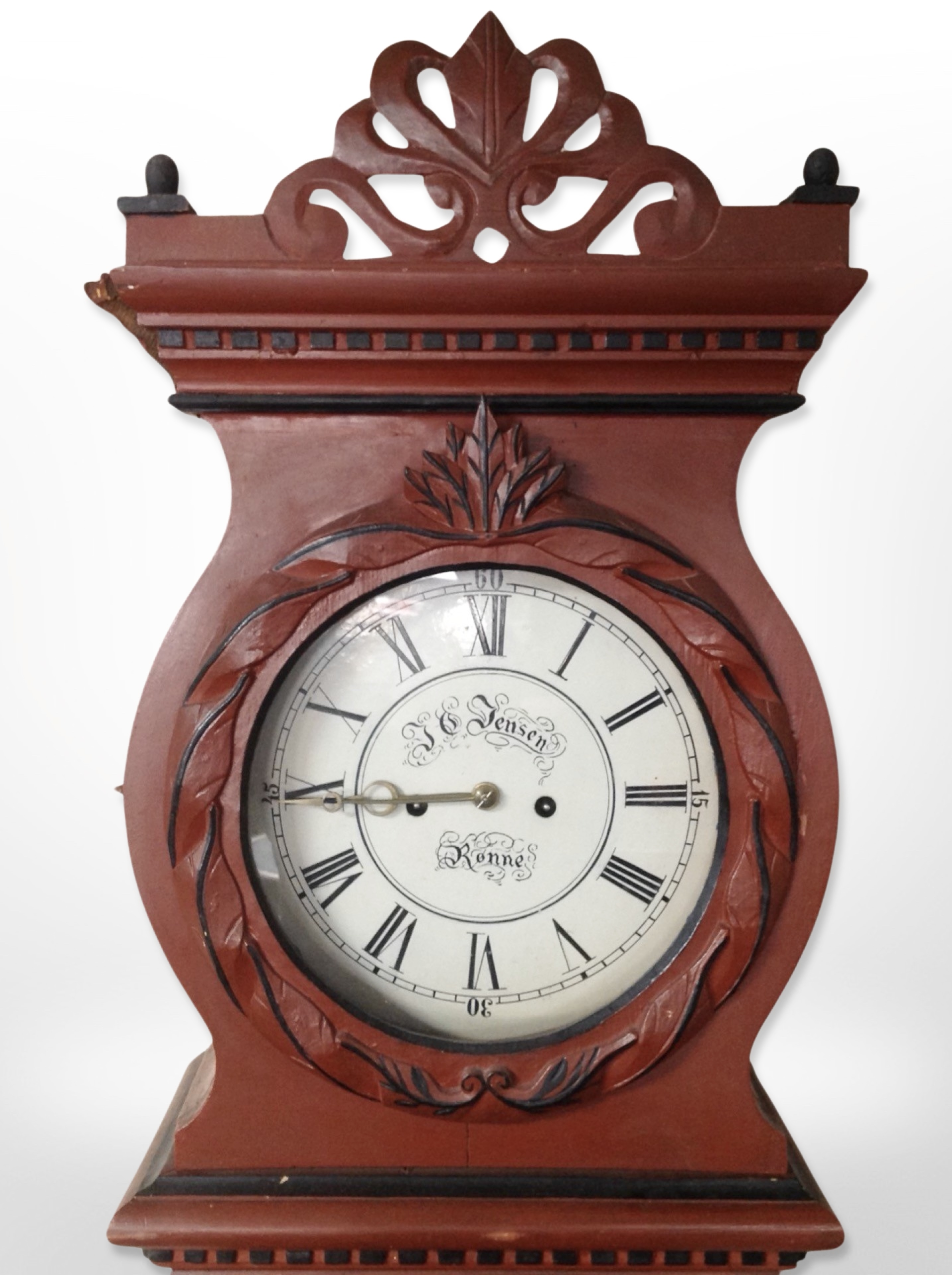 A Scandinavian painted longcased clock signed J Jensen Ronne, with pendulum and weights, - Image 2 of 2