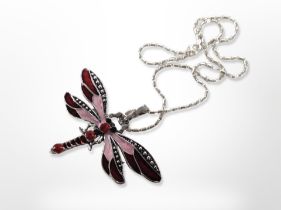 An enamelled dragon fly pendant on silver bead chain