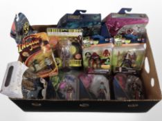 A box of Bandai, Spin Master and other figures including League of Legends, Indiana Jones,