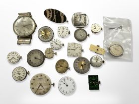 A collection of watch movements including Omega, Jaeger Le Coultre, Tudor etc.
