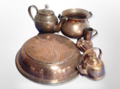 A group of copper kithenalia, large sieves, jelly moulds,