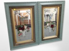 A pair of Victorian reverse painted mirrors in carved painted frames,