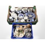 A box and crate of Ringtons Willow pattern tea china,