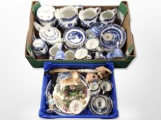 A box and crate of Ringtons Willow pattern tea china,