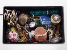 A small tray of micro mosaic pill box, costume jewellery, brass ring tree in the form of a mouse,
