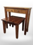 A contemporary stained pine two drawer hall table, width 90 cm,