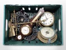 A box of ship's style brass barometer and clock, contemporary barometer,