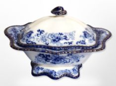 A Victorian blue and white transfer printed tureen and cover together with a silver plated gallery