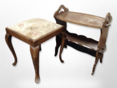 An oak magazine rack and an upholstered stool