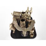 A group of brass wares including model eagle, horse and carriage,