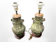 A pair of 20th century patinated metal lamp bases in the Chinese archaic style with ring handles on