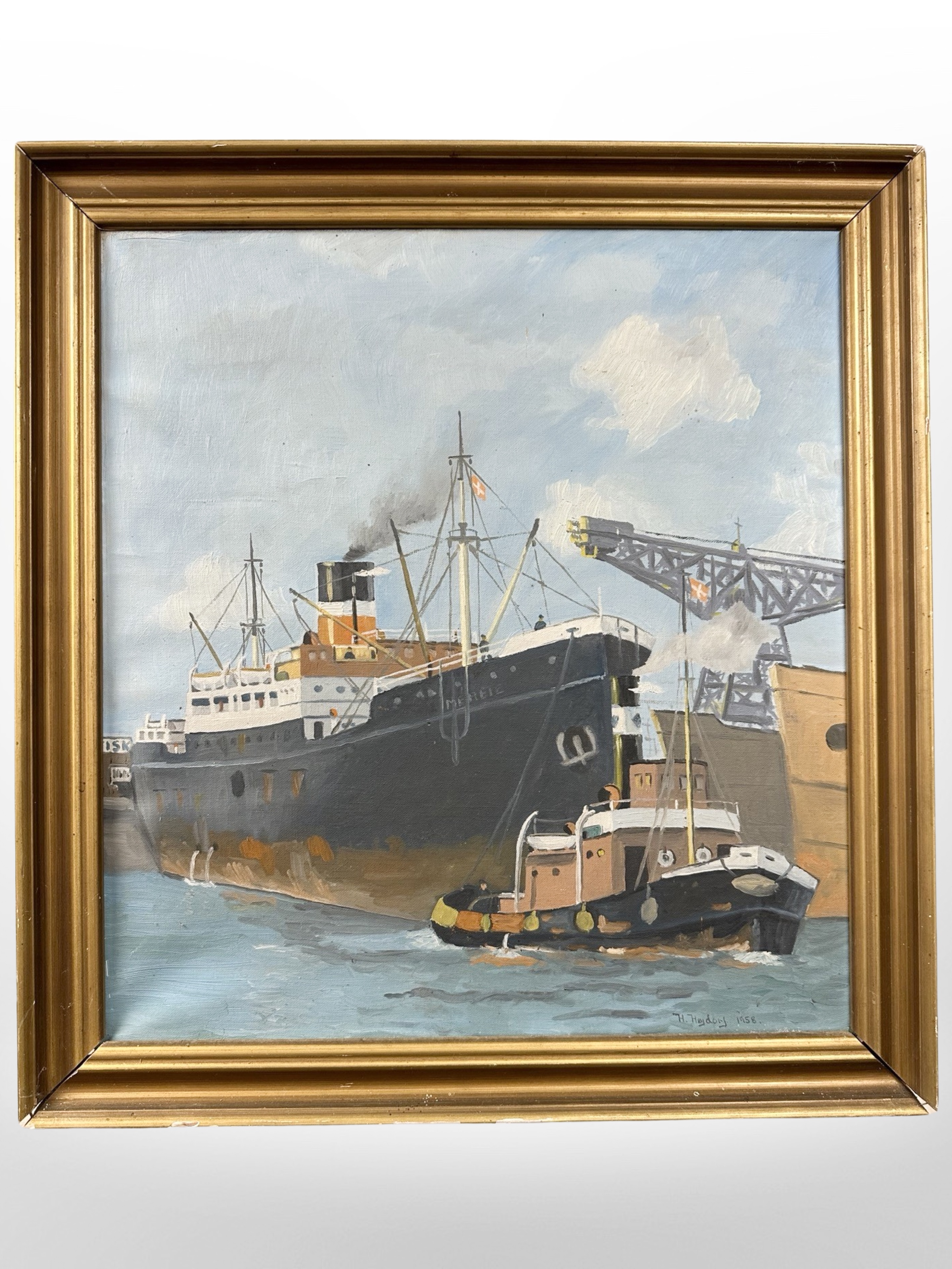 H Hojdoy : Steam ship in a dock, oil on canvas,