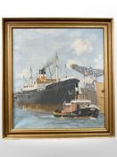 H Hojdoy : Steam ship in a dock, oil on canvas,