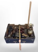 A box containing copper poss stick, lanterns, Indian enamelled engraved vase,