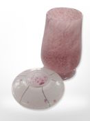 A Stuart Strathearn flying saucer vase in impressions design and a further pink swirl vase by the