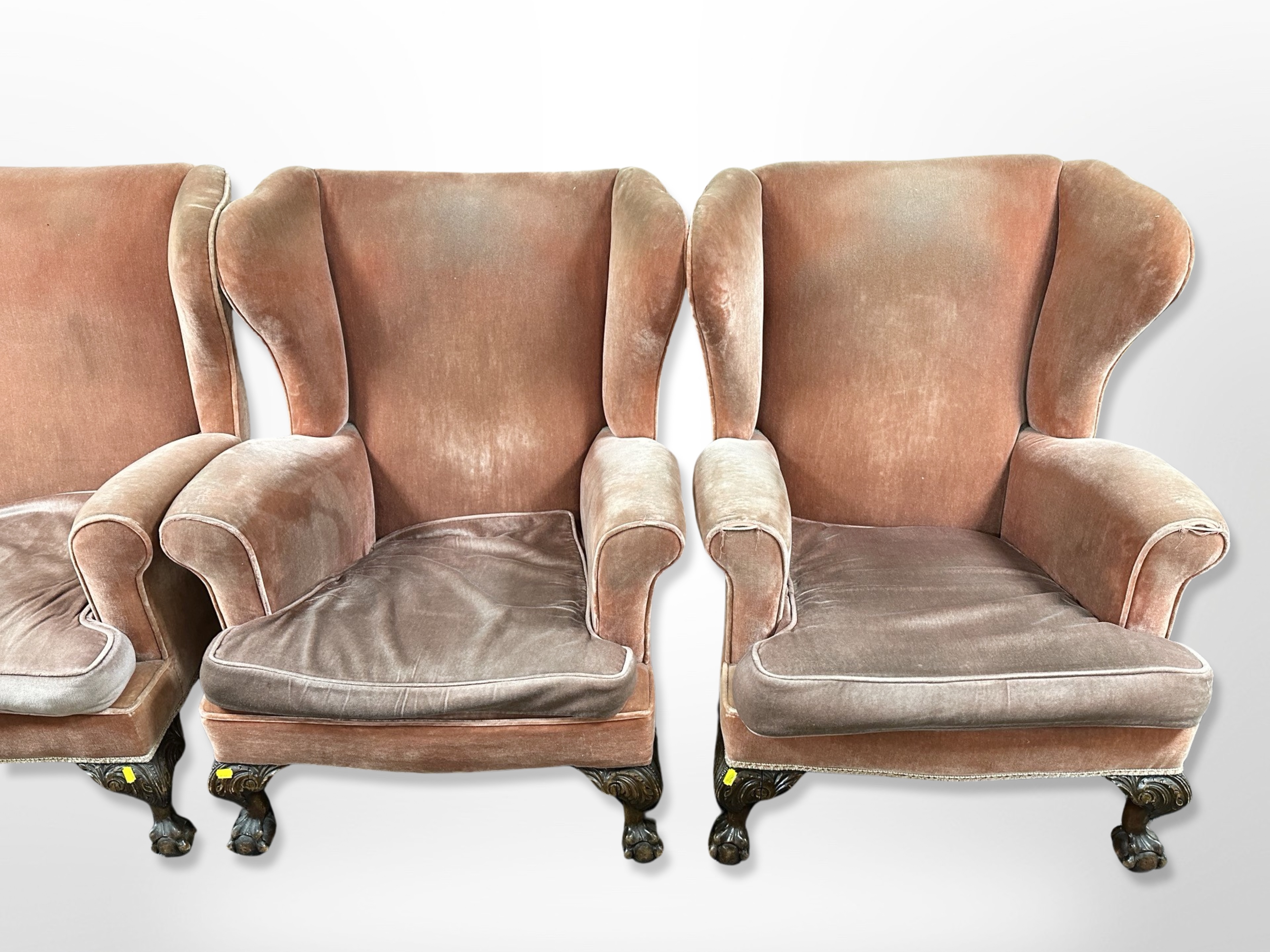 An early 20th century three piece lounge suite : two seater wing back settee and matching pair of - Image 2 of 2