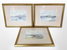 After Tom MacDonald : Seahouses, Dunstanburgh and Newton by the Sea, three colour prints,