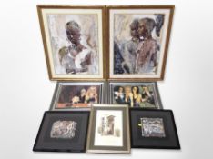 A group of decorative gilt-framed prints, Aboriginal pictures, etc., largest 75cm x 60cm overall.