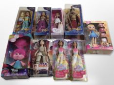 A group of Disney and other dolls.