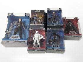Five Disney Store Star Wars figures and a further Hasbro The Black Series figure, the Mandalorian.