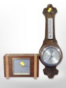 An Elliott teak-cased mantel clock, width 20cm, and a reproduction barometer.
